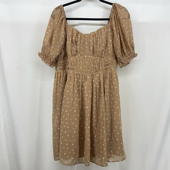 Abercrombie & Fitch Size XL Tan White Polka Dot Mini Baby Doll Dress Puff Sleeve - Picture 1 of 7